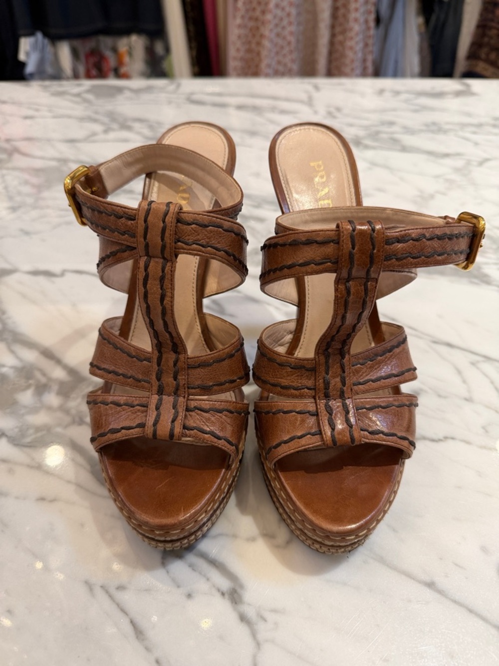 Prada Brown Leather Multi-Strap Platform Sandals